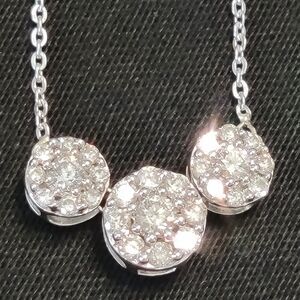10K White Gold Pave Diamond Necklace 17" ADL 3 Cluster Pendant 3.0 Grams